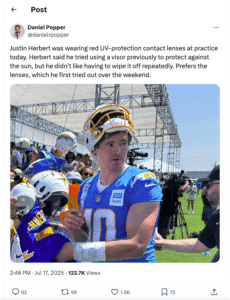 Chargers QB Justin Herbert surprises teammates by sporting red-tinted contact lenses at training camp